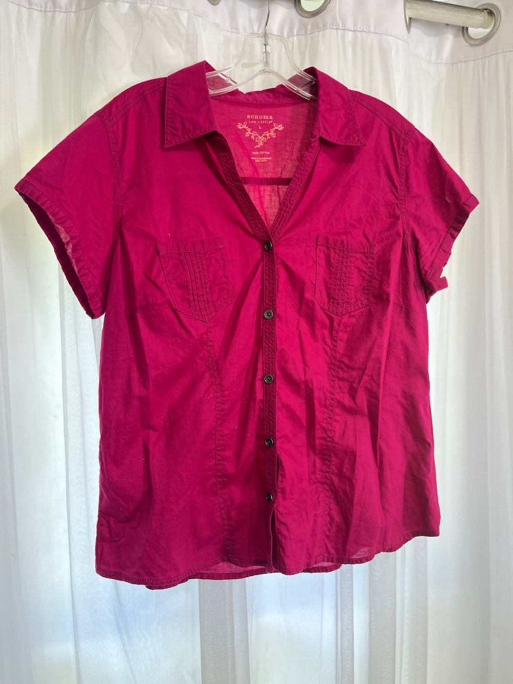 Sonoma Button cap Sleeve Shirt pink size large fitted cottagecore  100% cotton